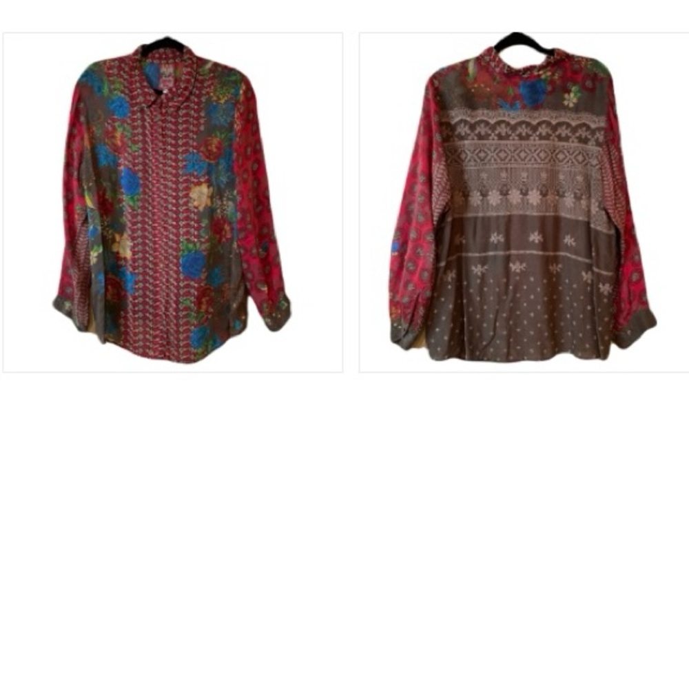 Johnny Was Multi Floral Mixed Print Top Embroidered Back XL